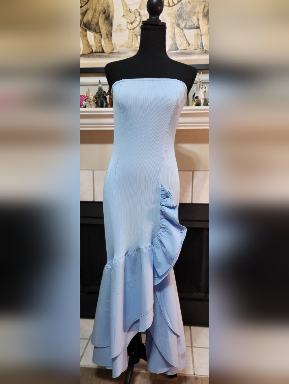 Strapless Ribbed Light Blue Ruffle-Hem Evening Dress